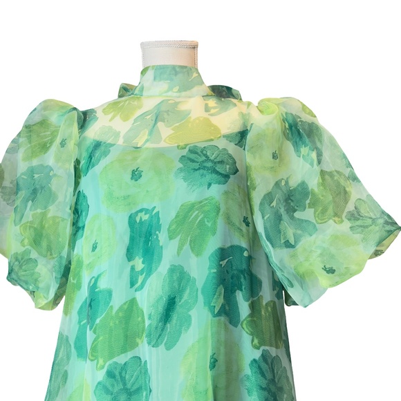 # A240 Nancy Cottagecore Green Floral Puff Sleeve Dress Tie Back Bow NWT S - Picture 3 of 10